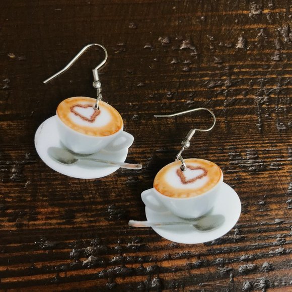 Dangle Heart Latte Cappuccino Coffee Cup Saucer Earrings NEW! 765 - Picture 2 of 7